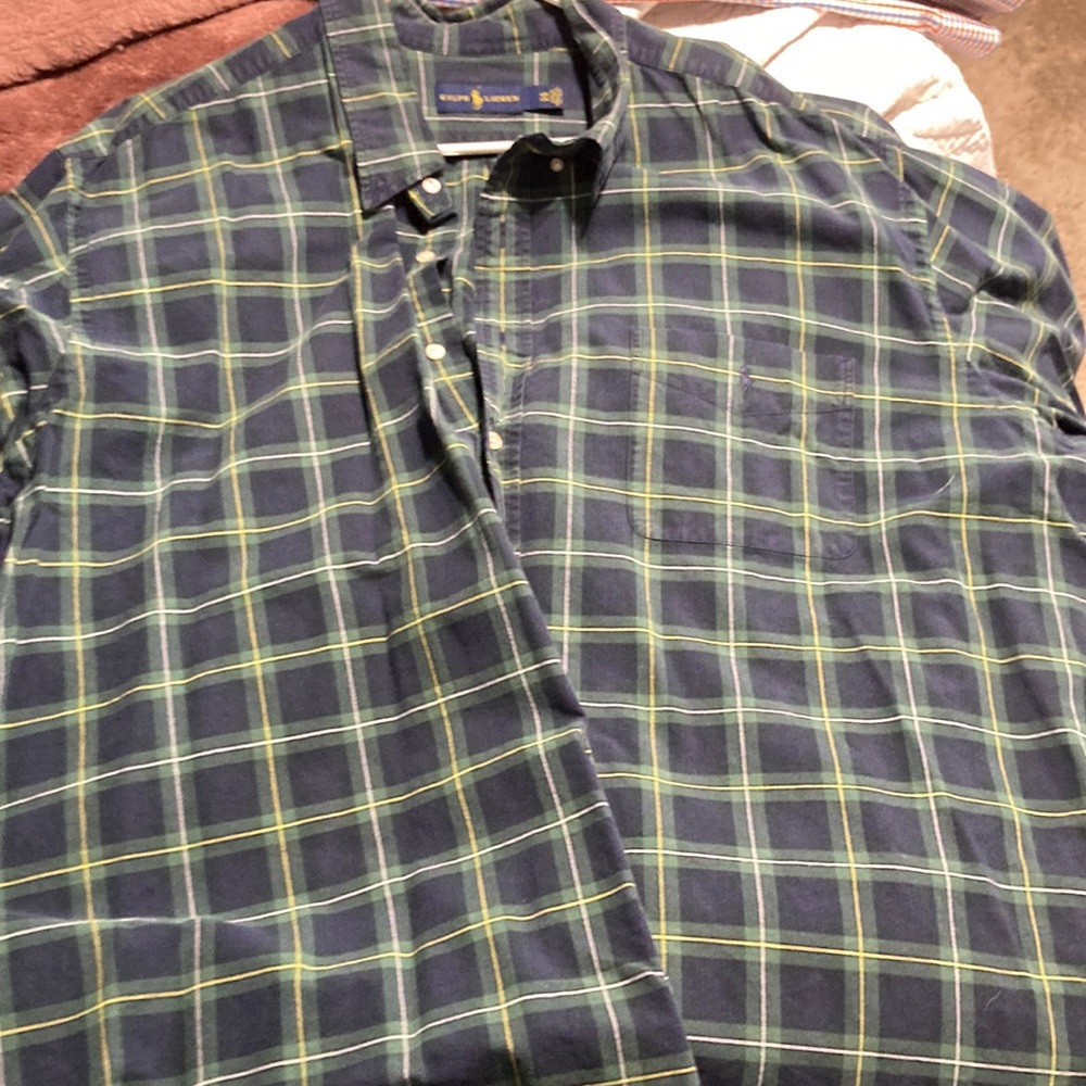 Green and blue polo button down shirt